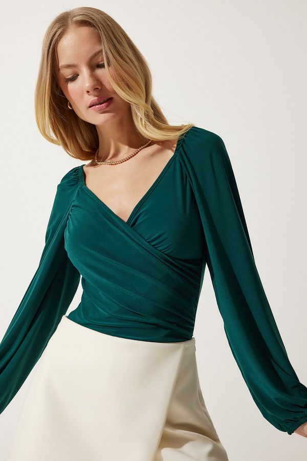 Happiness İstanbul Happiness İstanbul Women's Emerald Green Elastic Balloon Sleeve Sandy Knitted Blouse