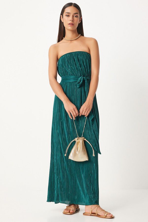 Happiness İstanbul Happiness İstanbul Women's Emerald Green Strapless Belted Pleated Dress