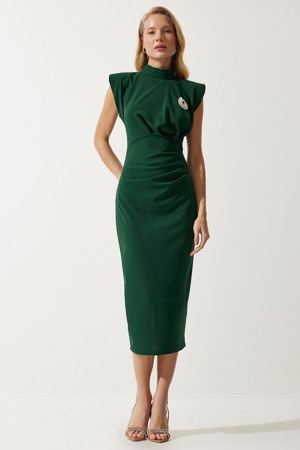 Happiness İstanbul Happiness İstanbul Women's Emerald Green Stylish Brooch Gathered Wrap Knitted Dress