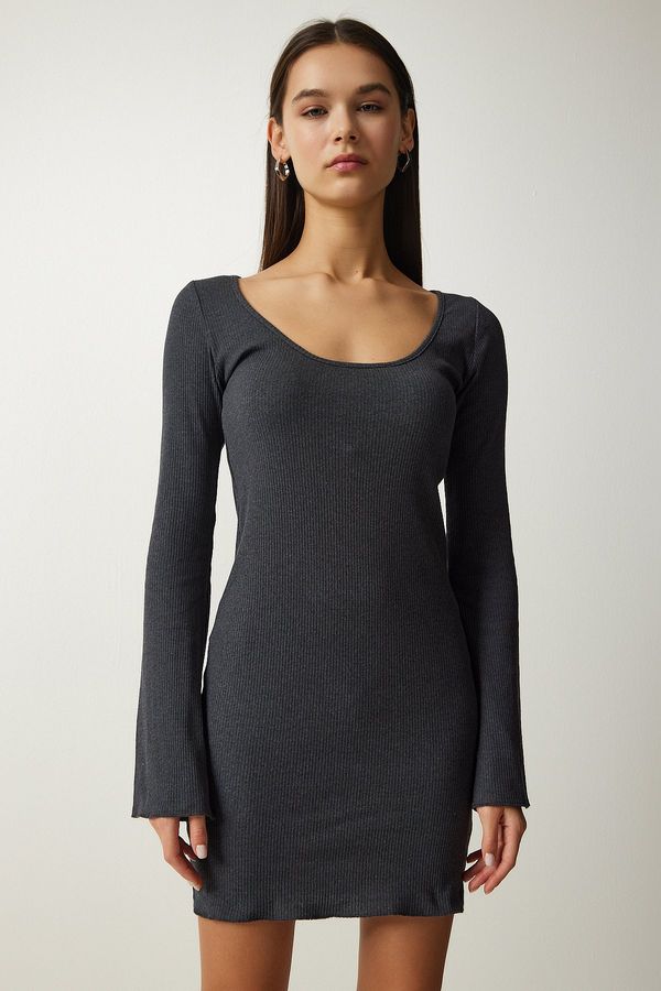 Happiness İstanbul Happiness İstanbul Women's Gray Boat Neck Ribbed Wrap Knitted Dress