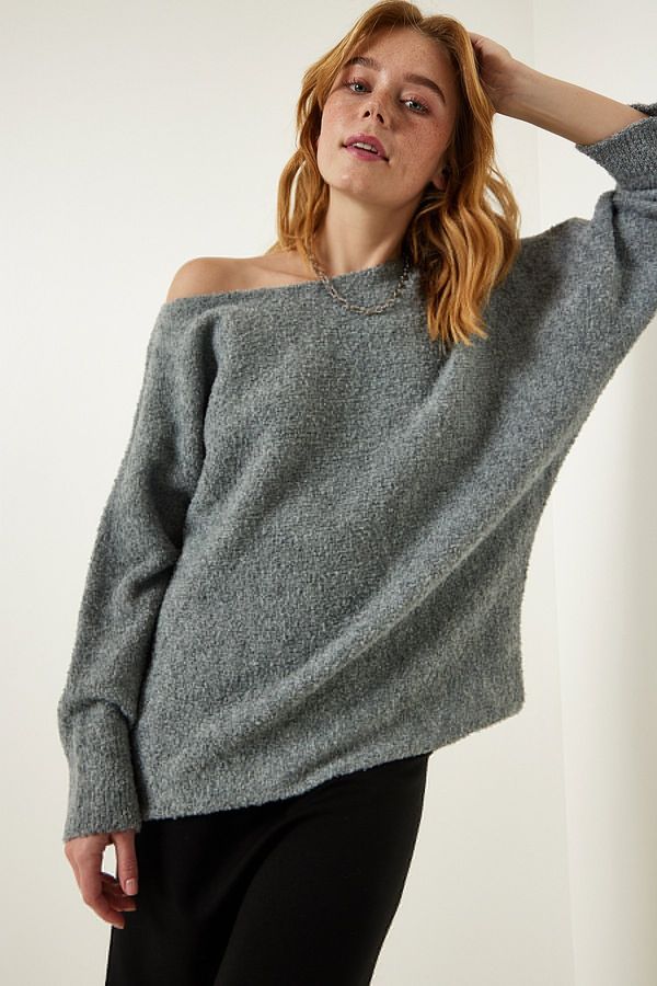 Happiness İstanbul Happiness İstanbul Women's Gray Boat Neck Seasonal Oversize Knitwear Sweater