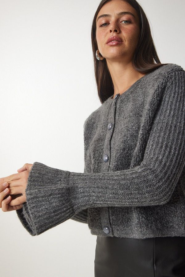 Happiness İstanbul Happiness İstanbul Women's Gray Buttoned Boucle Knitwear Cardigan
