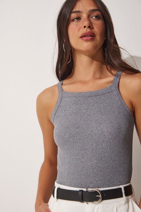 Happiness İstanbul Happiness İstanbul Women's Gray Corduroy Crop Halterneck Knitted Singlets