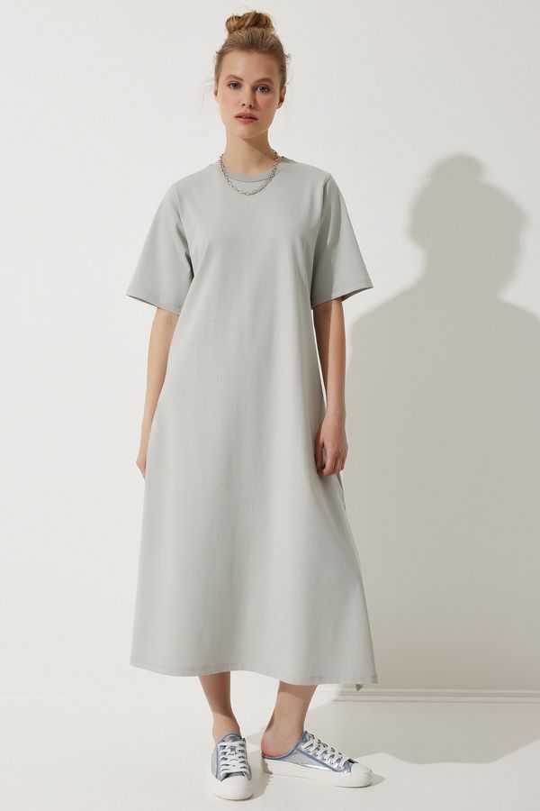 Happiness İstanbul Happiness İstanbul Women's Gray Crew Neck Loose Comfortable Combed Cotton Dress