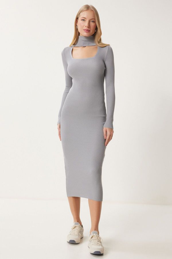 Happiness İstanbul Happiness İstanbul Women's Gray Cut Out Detailed Stand Collar Ribbed Knit Dress