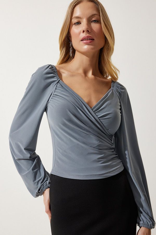 Happiness İstanbul Happiness İstanbul Women's Gray Elastic Balloon Sleeve Sandy Knitted Blouse