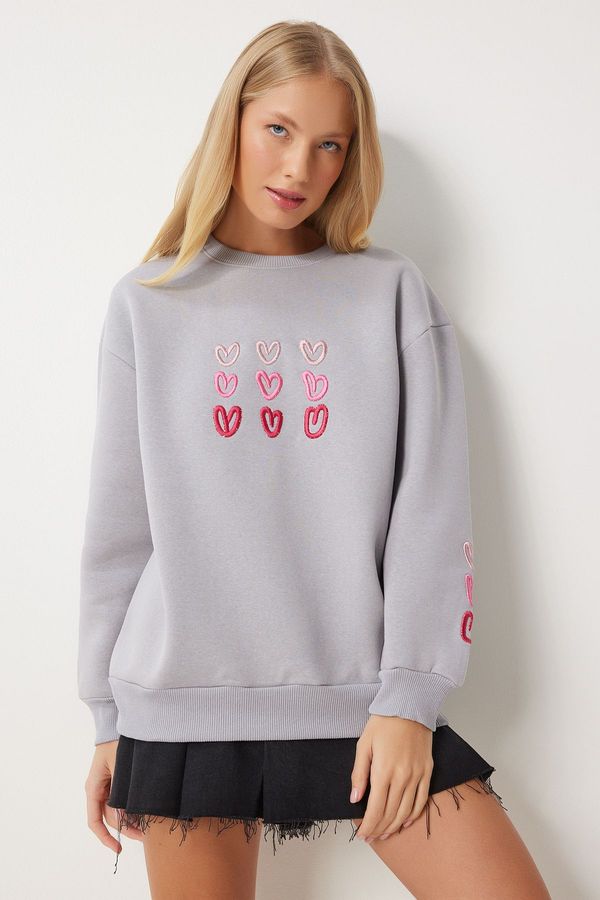 Happiness İstanbul Happiness İstanbul Women's Gray Heart Embroidered Raised Sweatshirt