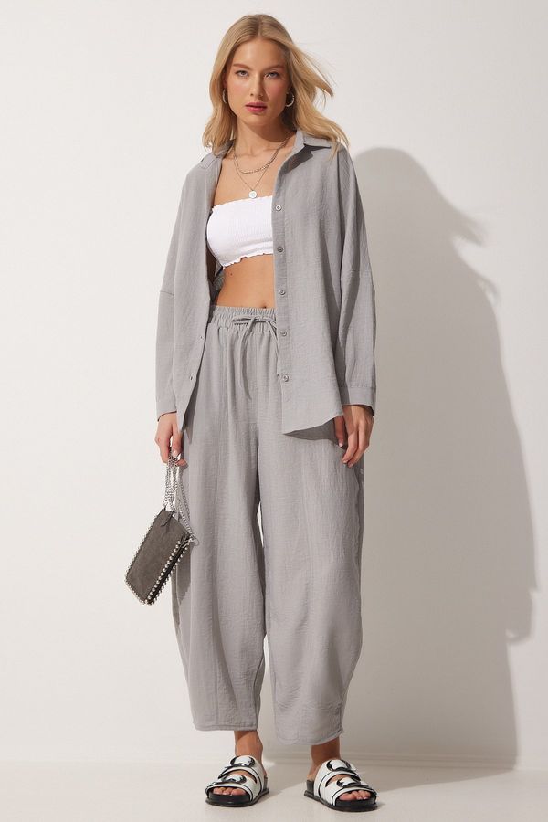 Happiness İstanbul Happiness İstanbul Women's Gray Linen Shirt Shalwar Trousers Suit