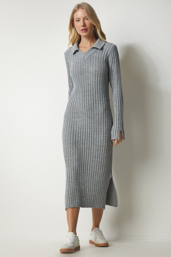 Happiness İstanbul Happiness İstanbul Women's Gray Polo Neck Corduroy Knitwear Dress