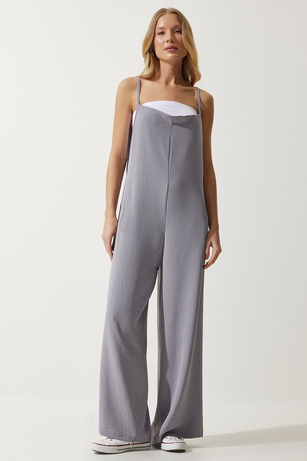 Happiness İstanbul Happiness İstanbul Women's Gray Strap Loose Knitted Overalls Jumpsuit