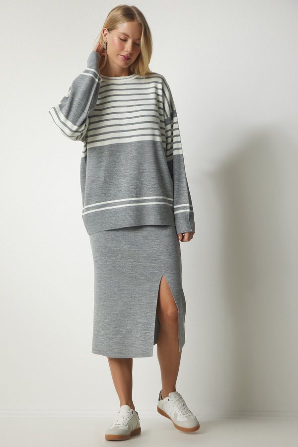 Happiness İstanbul Happiness İstanbul Women's Gray Striped Sweater Skirt Knitwear Suit