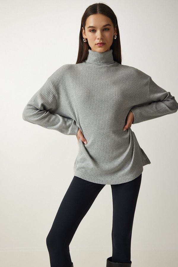 Happiness İstanbul Happiness İstanbul Women's Gray Turtleneck Ribbed Oversize Knitted Blouse