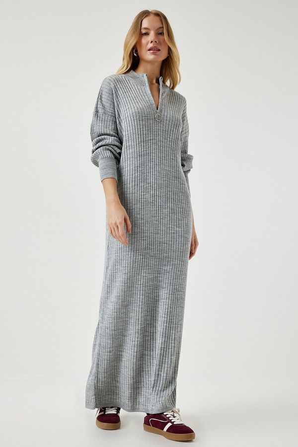 Happiness İstanbul Happiness İstanbul Women's Gray Zippered Collar Ribbed Long Knitwear Dress