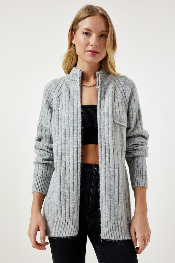 Happiness İstanbul Happiness İstanbul Women's Gray Zippered Knitwear Cardigan
