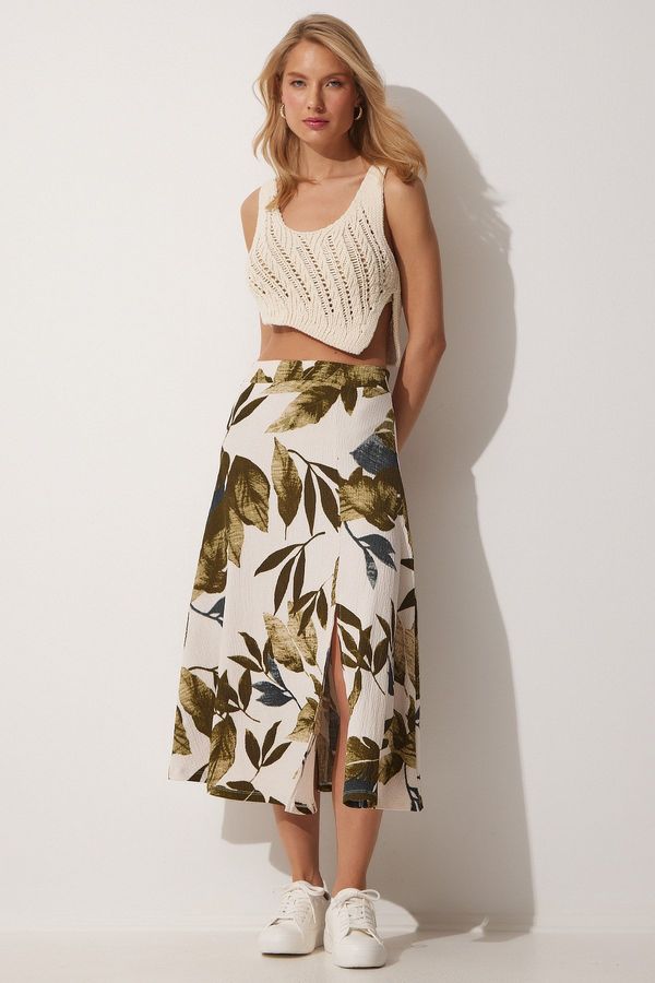 Happiness İstanbul Happiness İstanbul Women's Green Cream Patterned Slit Knitted Skirt