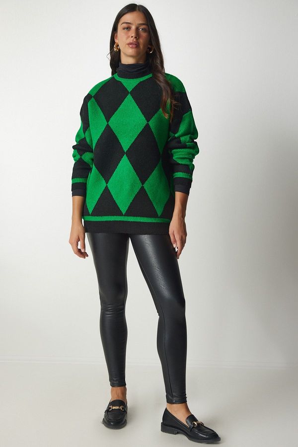 Happiness İstanbul Happiness İstanbul Women's Green Diamond Pattern Oversize Knitwear Sweater