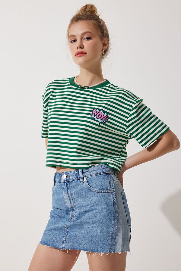 Happiness İstanbul Happiness İstanbul Women's Green Embroidery Detailed Striped 100% Cotton Crop Knitted T-Shirt