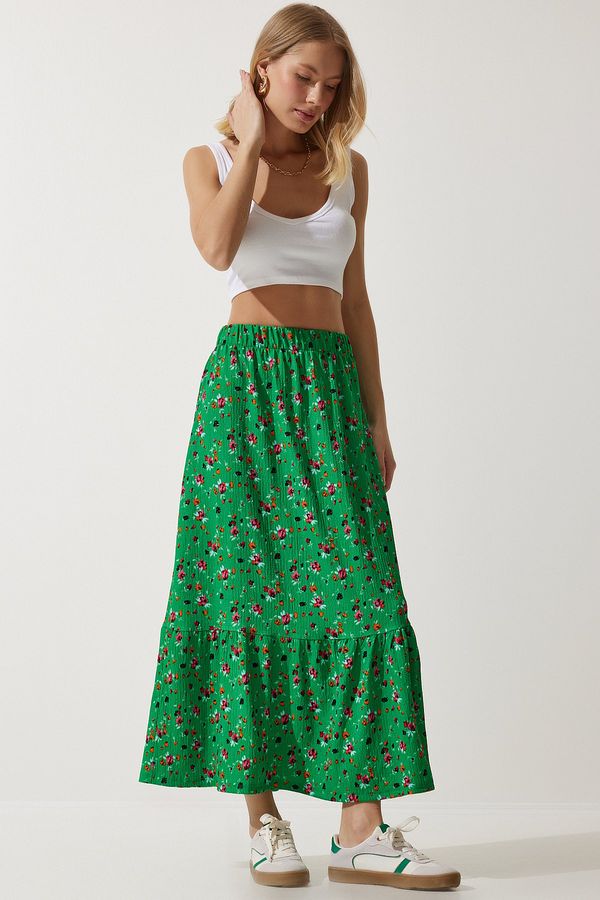 Happiness İstanbul Happiness İstanbul Women's Green Floral Flounce Viscose Skirt