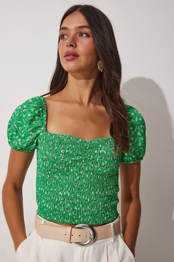 Happiness İstanbul Happiness İstanbul Women's Green Floral Gathered Carmen Collar Crop Knit