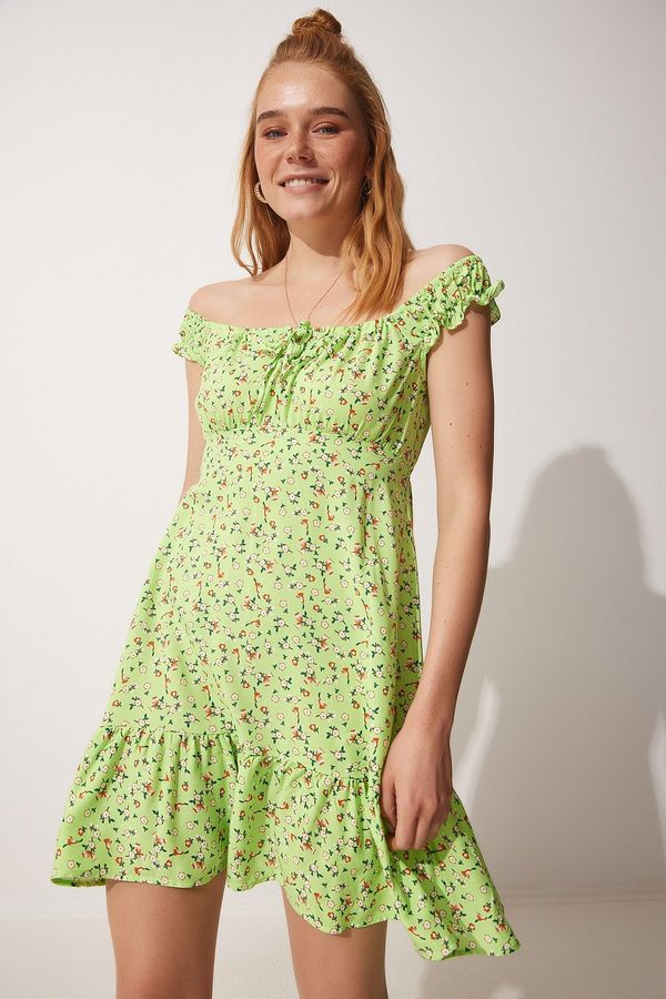 Happiness İstanbul Happiness İstanbul Women's Green Floral Summer Gathered Viscose Dress