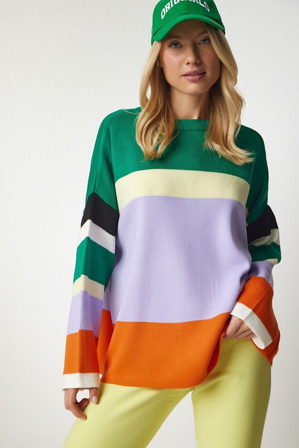 Happiness İstanbul Happiness İstanbul Women's Green Lilac Color Block Knitwear Sweater