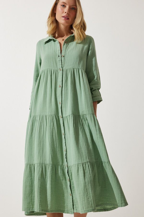 Happiness İstanbul Happiness İstanbul Women's Green Muslin Flared Shirt Dress