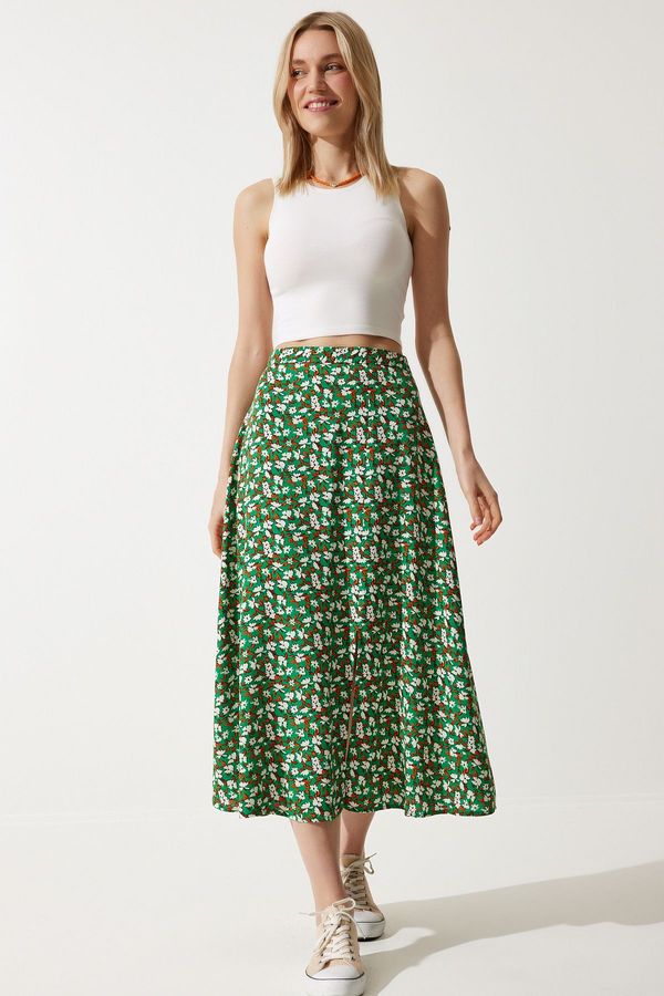 Happiness İstanbul Happiness İstanbul Women's Green Orange Floral Slit Summer Viscose Skirt