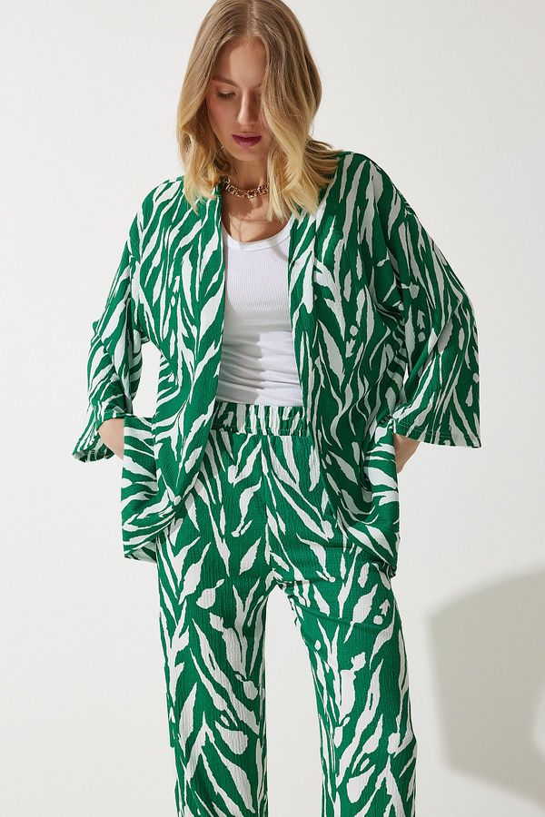 Happiness İstanbul Happiness İstanbul Women's Green Patterned Kimono Pants Knitted Set