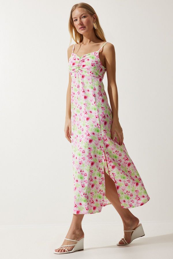 Happiness İstanbul Happiness İstanbul Women's Green Pink Strap Patterned Viscose Dress