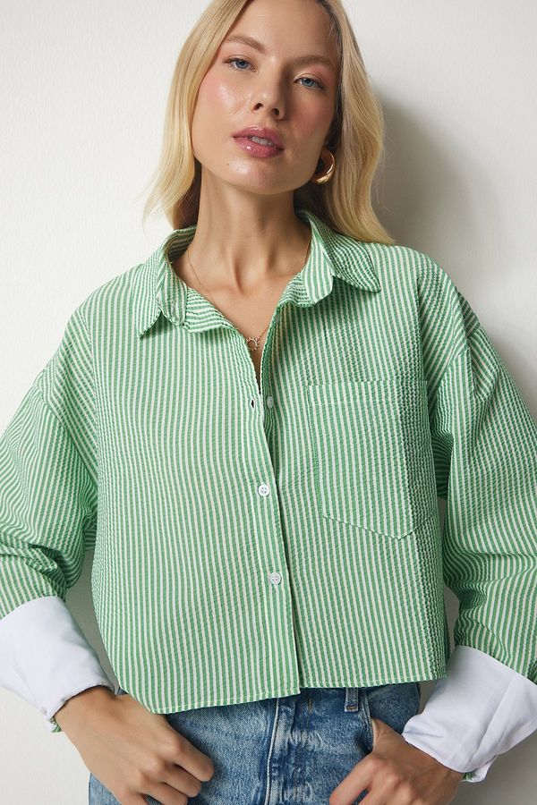Happiness İstanbul Happiness İstanbul Women's Green Pinstripe Crop Shirt