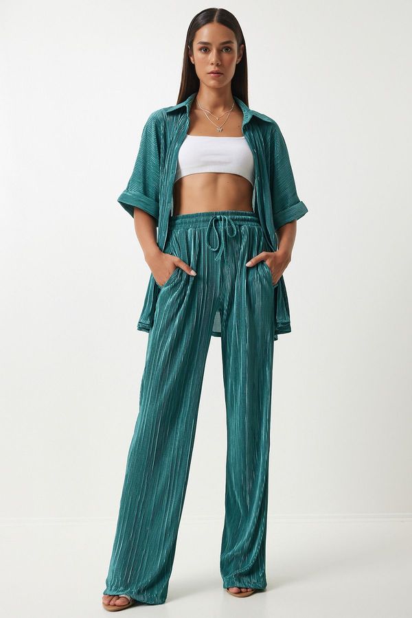 Happiness İstanbul Happiness İstanbul Women's Green Pleated Shirt and Trousers Set