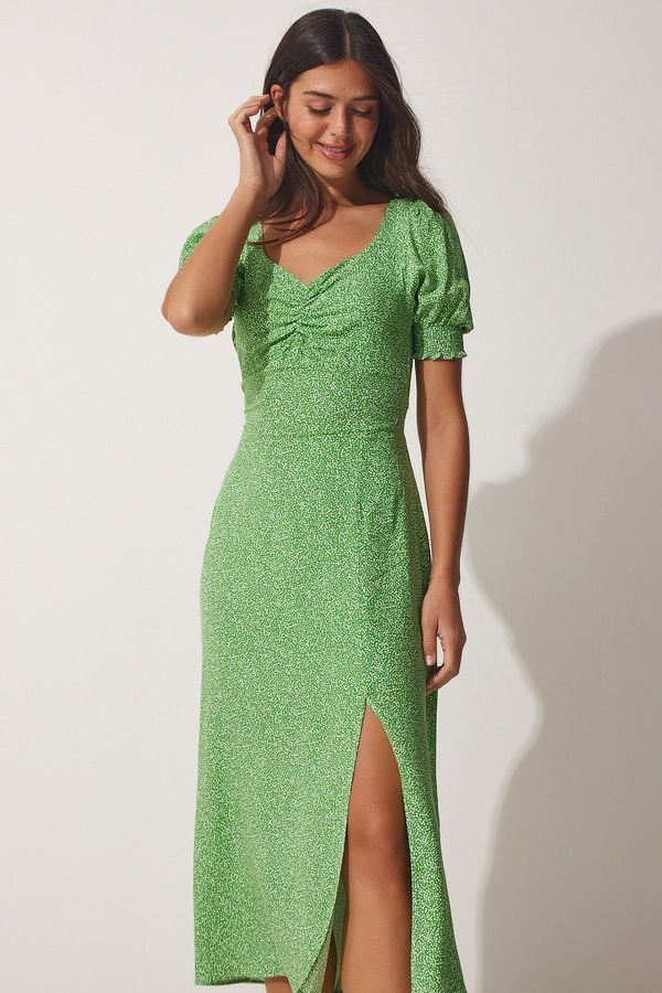Happiness İstanbul Happiness İstanbul Women's Green Pleated Sweetheart Neck Viscose Summer Dress
