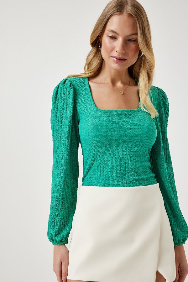 Happiness İstanbul Happiness İstanbul Women's Green Square Neck Textured Knitted Blouse