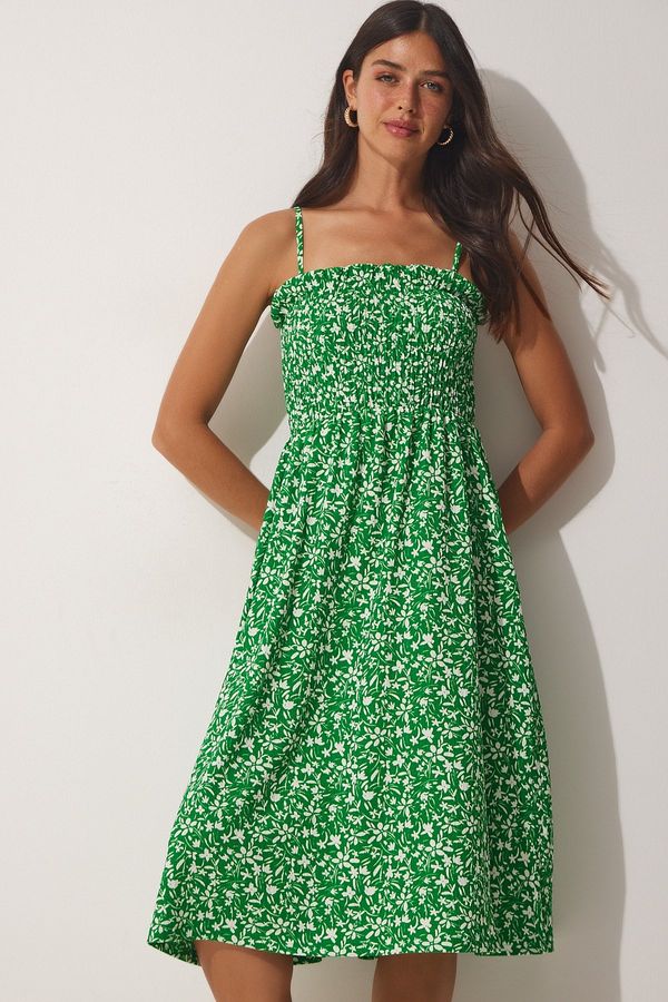 Happiness İstanbul Happiness İstanbul Women's Green Strappy Floral Summer Viscose Dress
