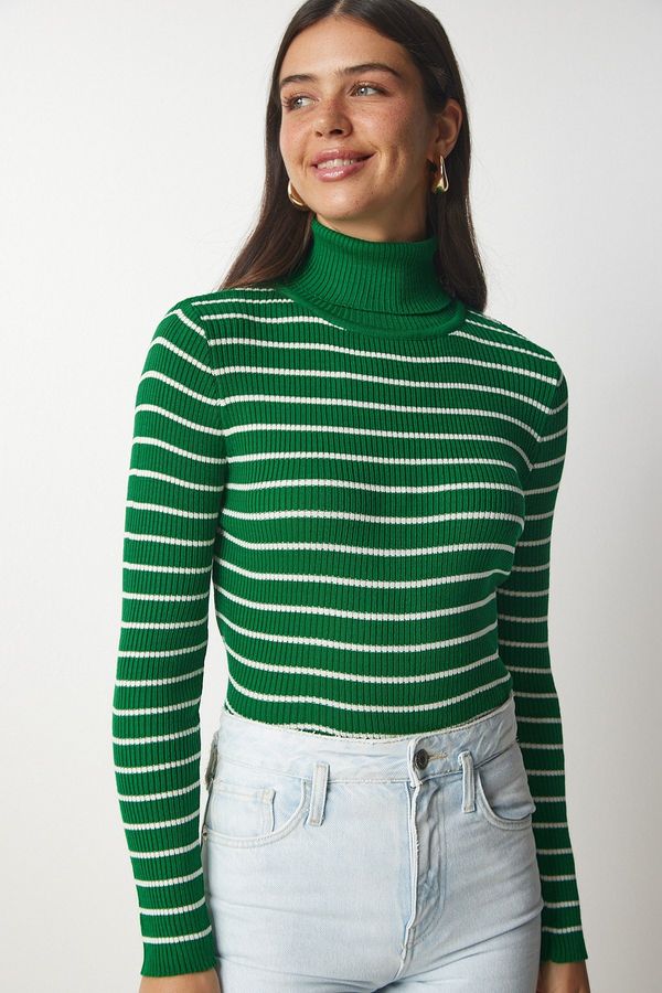 Happiness İstanbul Happiness İstanbul Women's Green Striped Turtleneck Knitwear Sweater