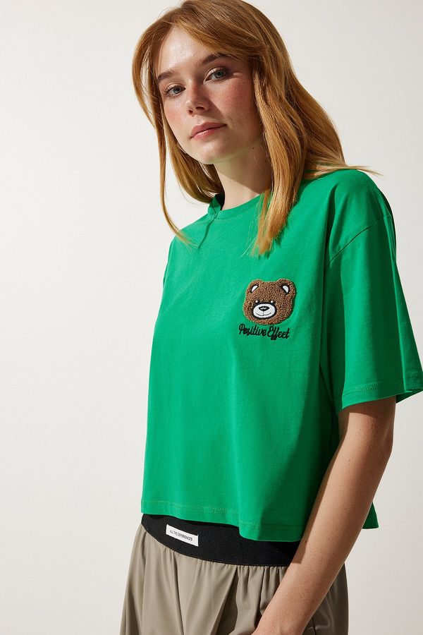 Happiness İstanbul Happiness İstanbul Women's Green Teddy Bear Crest Crop Knitted T-Shirt