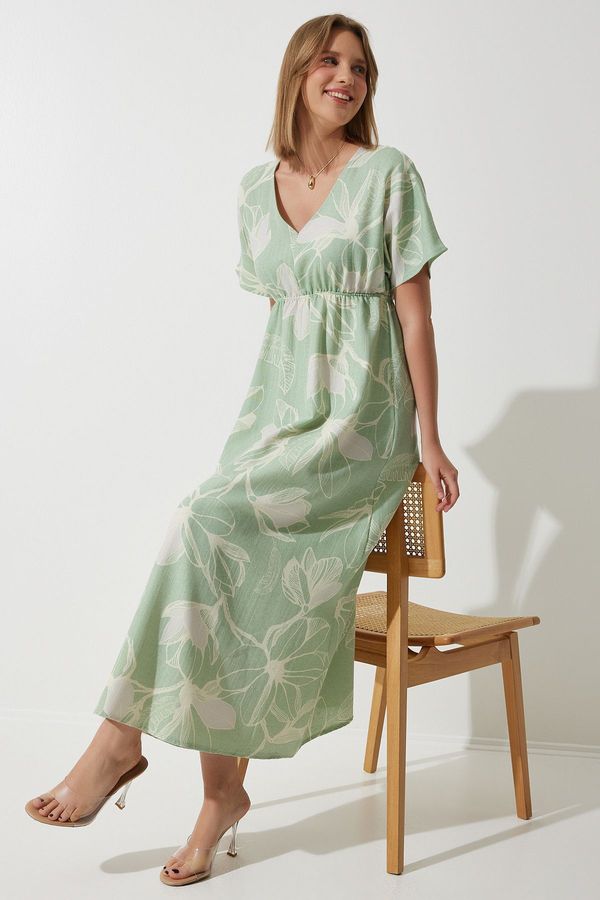 Happiness İstanbul Happiness İstanbul Women's Green Tropical Patterned Summer Raw Linen Dress