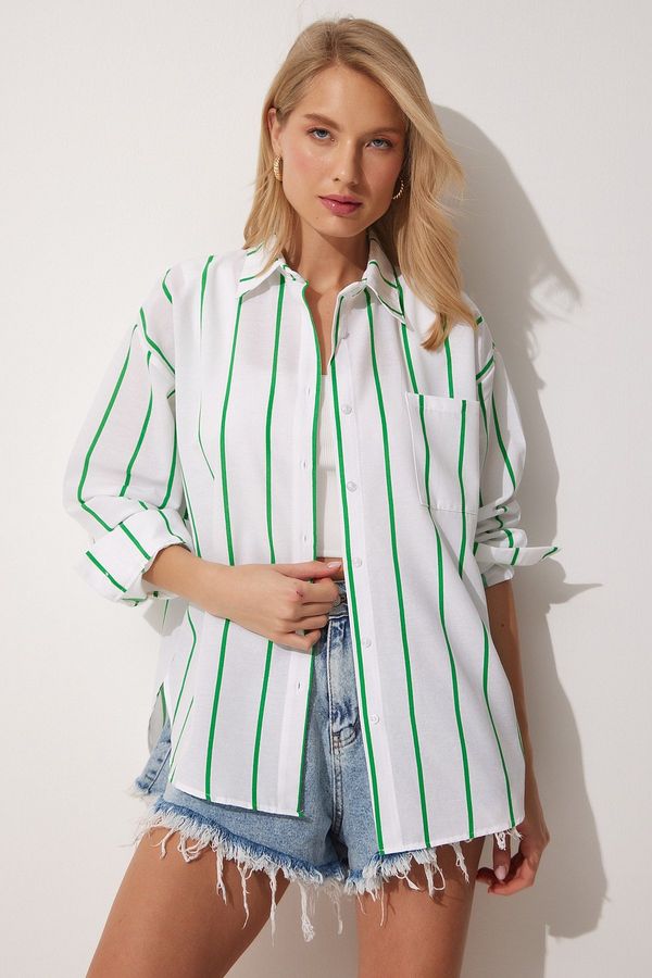 Happiness İstanbul Happiness İstanbul Women's Green White Striped Oversize Long Cotton Shirt