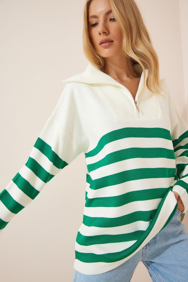 Happiness İstanbul Happiness İstanbul Women's Green White Zippered Stand-Up Collar Striped Oversized Knitwear Sweater BV0009