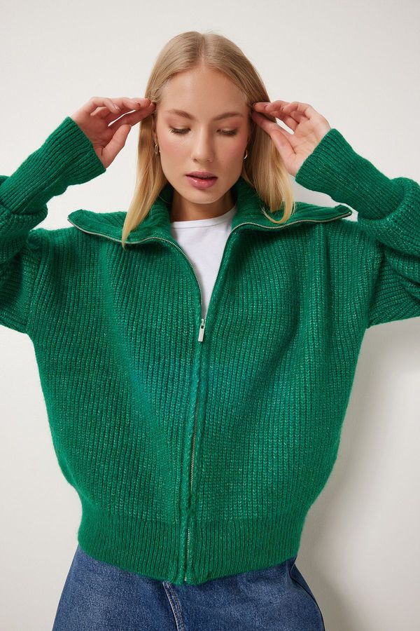 Happiness İstanbul Happiness İstanbul Women's Green Zipper Collar Knitwear Cardigan