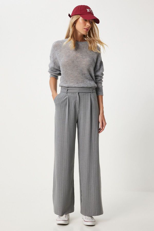 Happiness İstanbul Happiness İstanbul Women's Grey Thin Striped Wide Leg Trousers