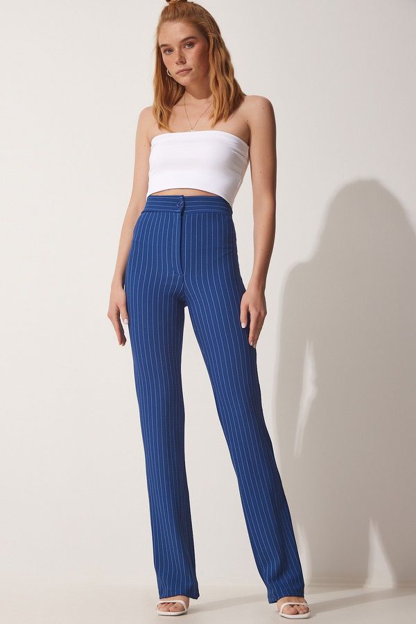 Happiness İstanbul Happiness İstanbul Women's Indigo Blue High Waist Striped Trousers