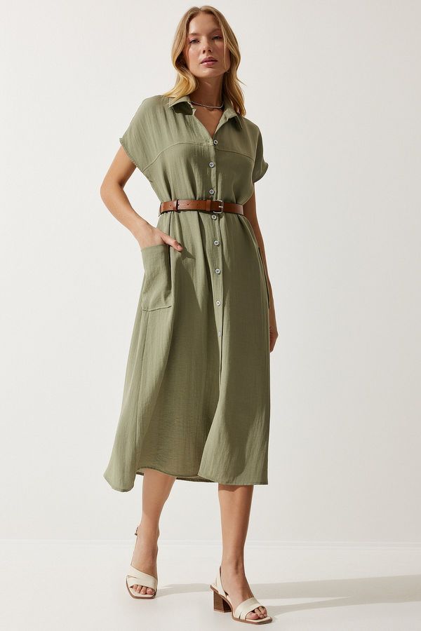 Happiness İstanbul Happiness İstanbul Women's Khaki Belted Woven Dress