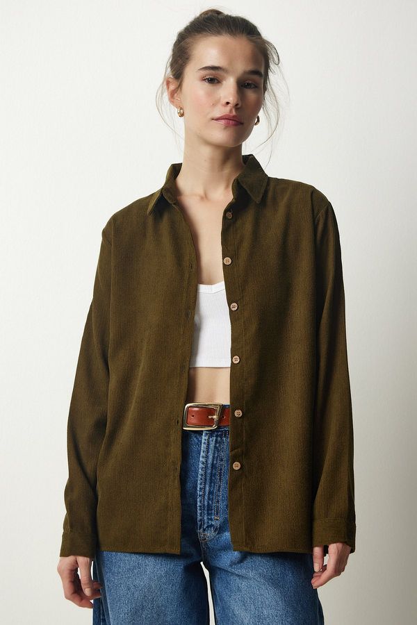 Happiness İstanbul Happiness İstanbul Women's Khaki Corduroy Woven Jacket Shirt