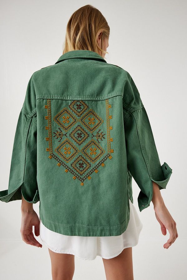 Happiness İstanbul Happiness İstanbul Women's Khaki Ethnic Embroidered Gabardine Shirt Jacket
