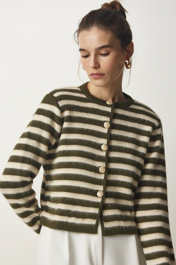 Happiness İstanbul Happiness İstanbul Women's Khaki Metal Button Detailed Striped Knitwear Cardigan