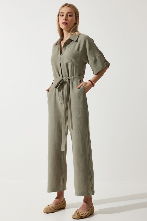 Happiness İstanbul Happiness İstanbul Women's Khaki Premium Belted Muslin Jumpsuit