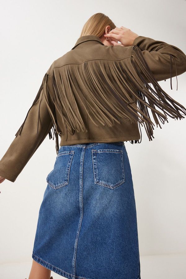 Happiness İstanbul Happiness İstanbul Women's Khaki Shirt Collar Tassel Suede Jacket