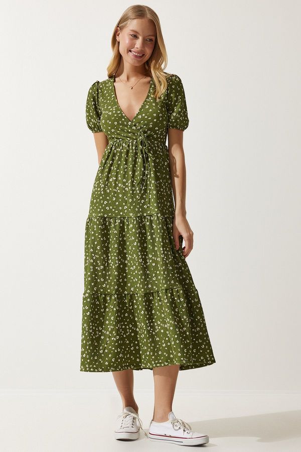 Happiness İstanbul Happiness İstanbul Women's Khaki Wrapover Neck Patterned Summer Knitted Dress