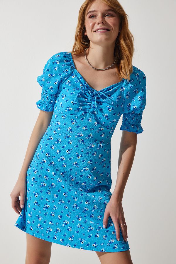 Happiness İstanbul Happiness İstanbul Women's Light Blue Gathered V-Neck Patterned Knitted Dress